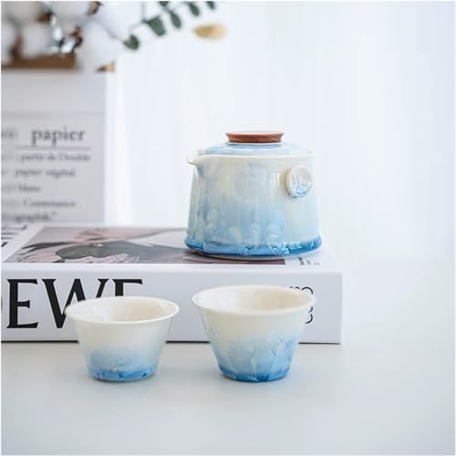 Hermit Life Chinese Travel Tea Set, Portable Ceramic Teapot for One to Two, Gongfu Tea Set with Crystal Glaze, 1 Pot 2 Cups, Gift for Tea Lovers (Icy Blue) - color: Icy Blue