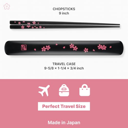 Portable Bamboo Chopsticks with Case – Reusable Travel Chopsticks Utensil Set, Dishwasher Safe, Sakura Pattern, Made in Japan - color: Black