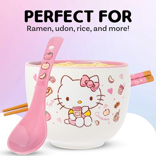 Silver Buffalo Sanrio Hello Kitty, Ceramic Ramen Bowl with Chopsticks, 20oz - color: Hello Kitty Apples and Cinnamon, size: 20 Ounces (With Spoon)