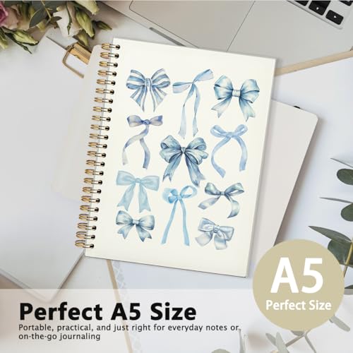 Bow Notebook Journal, Retro Coquette Bowknot Bow Spiral Notebook, Coastal Granddaughter Aesthetic College Ruled Hardcover Spiral Notebook Journal for Work Notes Journaling 5.5x8.3 - color: 03-Blue Bow(White)