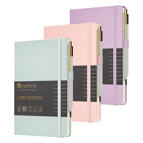 &And Per Se Lined Journal and Pen Set (3 Packs), A5 Leather Hardcover Notebook with Pen & Stationary Set, 160 Pages 100GSM Thick Ruled Paper Journal for Business Work Writing (Pink-Purple-Cyan) - color: Pink-Purple-Cyan