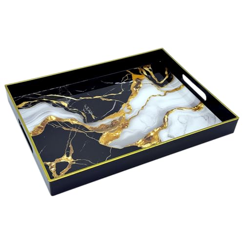 Serving Tray with Handles, 15.7 * 11.8 inches, Plastic Ottoman Tray with Exquisite Paintings, Trays for Coffee Table - color: Gilt Marble
