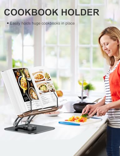 Tounee Book Stand for Reading, Adjustable Book Holder with 360° Swivel Base, Foldable Cookbook Stand Recipe Book Holder with Elastic Page Clips for Music Scores, Recipe, Tablet, Laptop-Gray - color: Gray