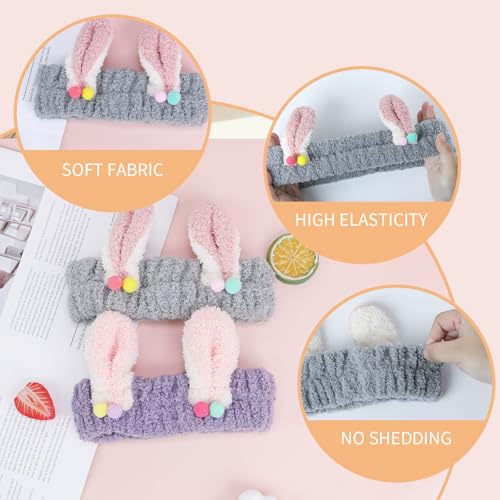 PERFECTSIGHT Kawaii Headband for Spa, Makeup, Washing Face, Party - 2 Pack Cute Hair Band for Shower Beauty Skincare, Soft Facial Headbands for Girls and Women (Purple+Gray Rabbit Ear) - color: Purple+Gray Rabbit Ear