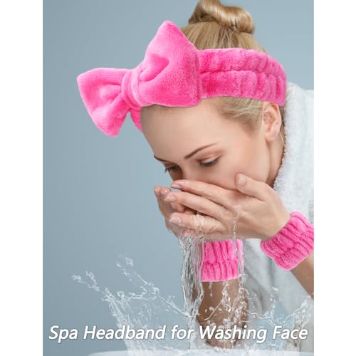 VELSCRUN Spa Headbands for Wash Face, Makeup Headband, Facial Skincare Headbands, 5 Pcs Hot Pink Puffy Sponge Spa Headband Bow Tie Hair Band Hair Clips Wristband Set Women Girls Accessories - color: Rose Red