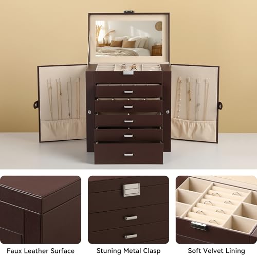 Frebeauty 6-Layer Jewelry Box for Women,Large Jewelry Organizer with Drawer - color: Dark Brown, size: Large
