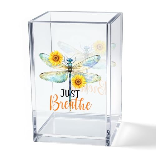 Just Breathe Acrylic Cosmetic Pencil Pen Holder Cup, Inspirational Dragonfly Desk Organizer Accessories for Home Office Decor, Motivational Encouragement Gifts for Women Girl Coworker Teacher - style: Breathe D