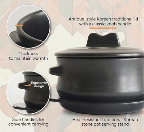 Premium Korean Stone Bowl with Lid and Tray Set, 37 oz Dolsot Hot Pot for Bibimbap and Soup, Sizzling Ceramic Cookware