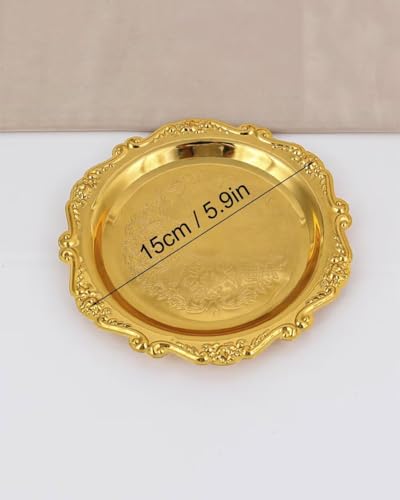 Round Decorative Tray 5.9in Metal Dessert Plates Vintage Coffee Table Tray for Snacks Fruit Gold - color: Gold, size: 5.9"