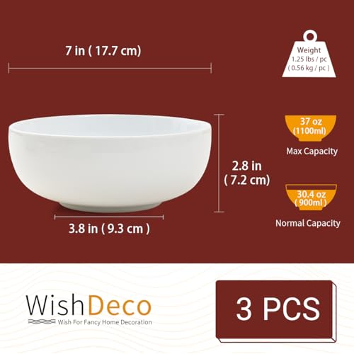 WishDeco Large Soup Bowls Set of 3, Ceramic Salad Bowls 37 oz, White Pasta Bowls 7 inch, Serving Bowl for Cereal, Noodle Ramen, Pho, Fruit (Pack of 2) - size: 37 oz (Pack of 2)