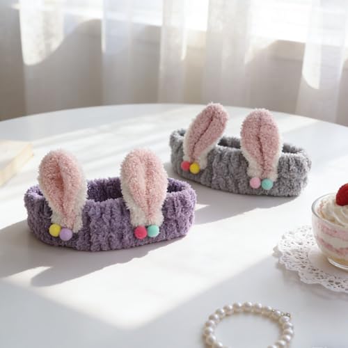 PERFECTSIGHT Kawaii Headband for Spa, Makeup, Washing Face, Party - 2 Pack Cute Hair Band for Shower Beauty Skincare, Soft Facial Headbands for Girls and Women (Purple+Gray Rabbit Ear) - color: Purple+Gray Rabbit Ear