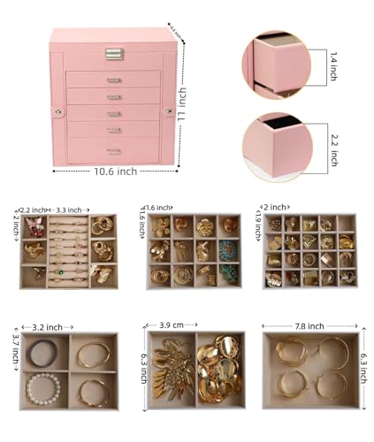 BOOVO Large Jewelry Box for Women 6 Layer - color: Silver and Pink, size: 6 Layer