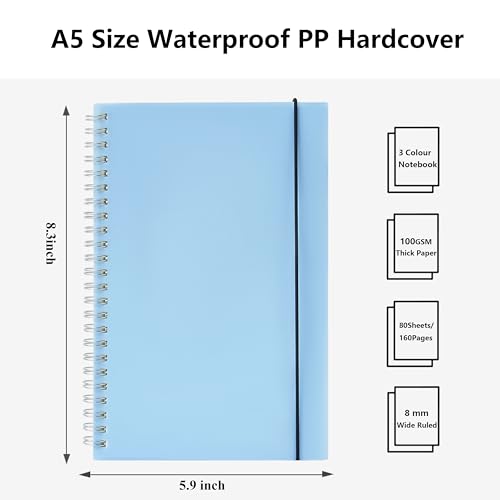 3 Pack Spiral Notebook Wide Ruled A5 Size 5.8"x8.3" - size: A5 (5.9"x8.3"), style: Wide Ruled