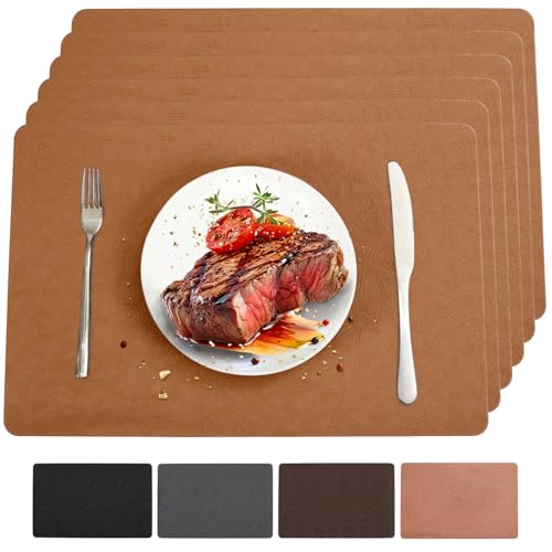Light Brown Vinyl Placemats Set of 6 Waterproof Wipeable Table Mat - color: Light Brown