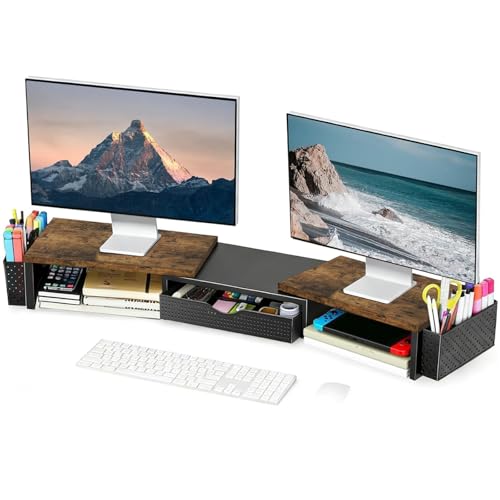 Spacrea Wood Dual Monitor Stand Riser with Drawer and 2 Pen Holders - color: Wood