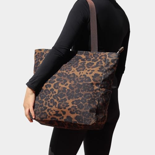 ESVAN Original Floral Water Resistant Large Tote Bag Shoulder Bag for Gym Beach Travel Daily Bags Upgraded - color: Corduroy Leopard Print