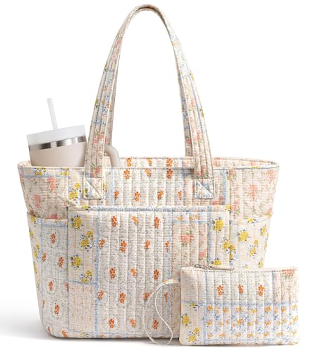 Bagstellar Quilted Tote Bag for Women Teacher Nurse Cotton Laptop Work Tote - color: Cottagecore Floral