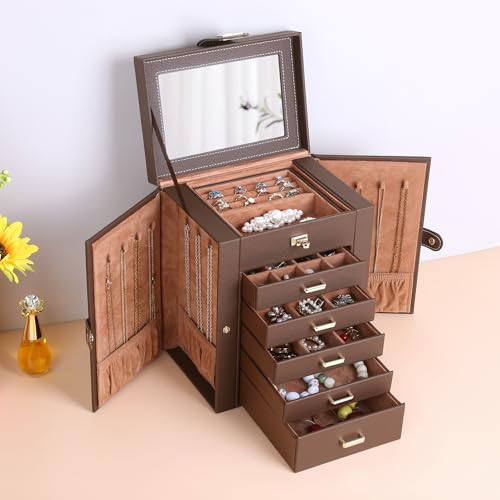 Kendal Jewelry Box, 6-Layer Jewelry Storage Organizer for Necklace Bracelet Rings Watch, 10.2"x8.2"x6" Classic Brown PU Leather 5 Drawers Large Storage Capacity with Mirror - color: Brown, size: Medium(10.2"x8.2"x6")