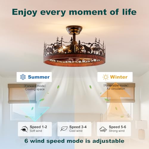 21 Inch Flush Mount Farmhouse Ceiling Fan with Light and Remote, Rustic Walnut Wood Grain Bladeless Fandelier Chandeliers Fan, Forest Ceiling Fan for Living Room, Bedroom - color: Black & Walnut Wood Grain