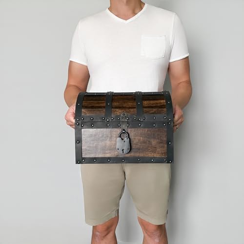 Nautical Cove Handmade Wooden Treasure Chest Storage Box – Deluxe Design with Real Leather Accents, Working Iron Lock & Skeleton Keys, Decorative Keepsake Chest (Large - 12 × 9 × 9") - size: Large - 12 × 9 × 9 in