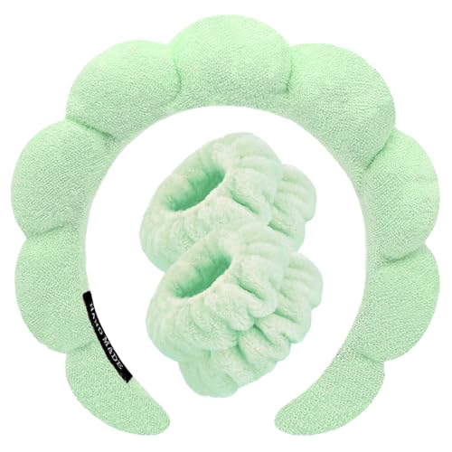 Spa Headbands for Washing Face Wristband Set Sponge Makeup Skincare Headband Wrist Towels Bubble Soft Terry Towel Cloth Hairband for Women Puffy Headwear Non Slip Thick Thin Hair Headwear (Green) - color: Green