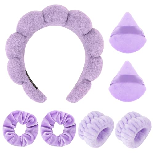 7Pc Puffy Spa Headband and Wristband Set for Washing Face, Skincare With Scrunchies, Powder Puffs, Sponge, Makeup Removal - Terry Cloth for Mask - Purple - color: Purple
