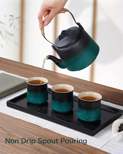 ZENS Ceramic Teapot with Infuser, 33.8oz Japanese Loose Leaf Tea Teapot - color: Black/Green, size: 33.8oz Teapot&4 of 8oz Cups