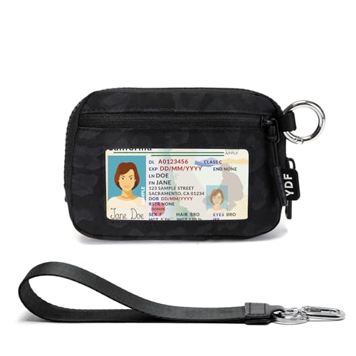 Wristlet Wallet for Women with Clear ID Window, Zip Coin Purse and Keychain - color: Black Leopard