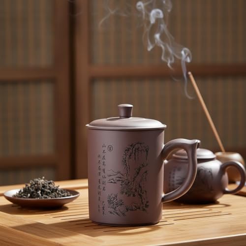I-MART Chinese Tea Cup Purple Clay Mug with Lid 16 oz Yixing Style Kung Fu Teacup for Loose Leaf Tea Coffee Daily Use with Ergonomic Handle and Traditional Design
