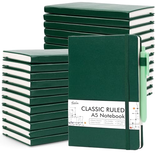 feela 24 Pack Journal Notebook for Work, Business Notebook Bulk Hardcover Lined Writing Journal with Pen Holder for Men Women Note Taking, with 24 Black Pens, 120 GSM, 5.1”x8.3”, A5, Dark Green - color: 24 Pack dark green