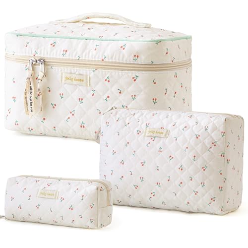 HBselect Quilted Makeup Bag, 3Pcs Cotton Large Travel Makeup Bags Organizer - color: A-3PCS-Cherry