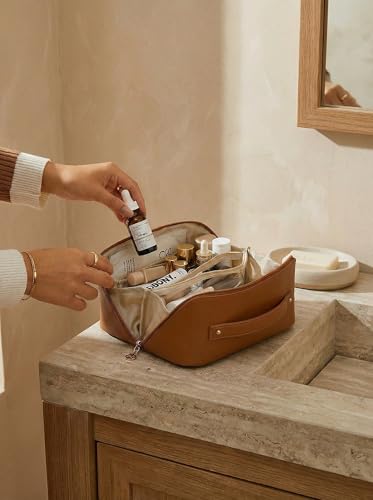 EACHY Travel Makeup Bag for Women, PU Leather Cosmetic Bag, Brown, Medium - color: A - Brown, size: Medium