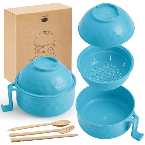 1 Set Microwave Ramen Cooker Bowl with Utensils, Sky Blue - color: Sky Blue