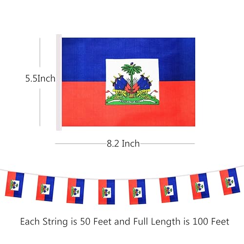 100 Feet Haiti String Flag, 76 Pcs Haitian Banner Flag, Small Mini World Banner Flags for Sports Events, Bars Decorations, School Festivals, Party Decorations, Celebrations (Haiti) - color: Haiti