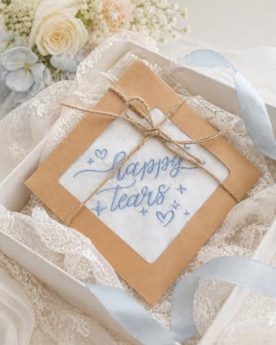 Happy Tears Handkerchief, White Embroidered Wedding Party Accessory Bridesmaid Gift Something Blue - style: Happy Tears Handkerchief