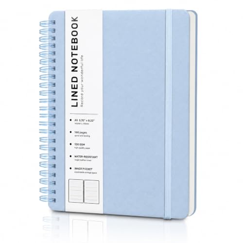 Lined Spiral Notebook for Women, A5 College Ruled Leather Spiral Journals - color: Light Baby Blue, size: A5