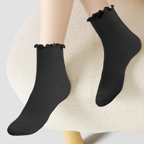 Jeffbaubl 6 Pairs Womens Ruffle Socks, Turn-Cuff Frilly Sock, Cute Ruffle Ankle Socks, Soft Breathable Lightweight(3 Black + 3 White)