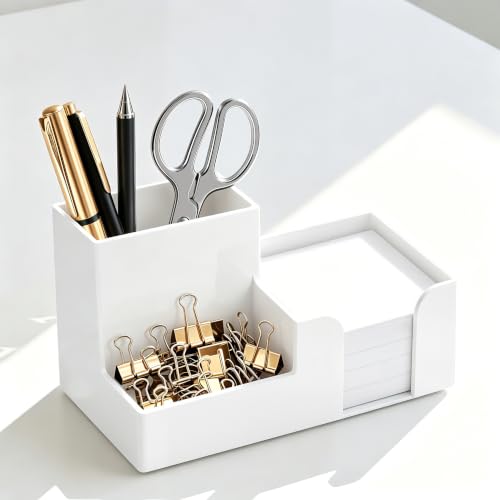 HBlife Acrylic Pen Holder for Desk, 3-Compartment Small Desk Organizer, White Office Supplies Desk Accessories with Sticky Notes Holder Stores Post It Notes 3X3 for Office, Home and School - color: White, size: 6.35”x 3.35” x 3.6”