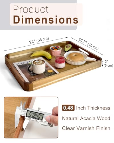 22 Inch Wooden Serving Tray, Acacia Ottoman Tray, Rounded Corners