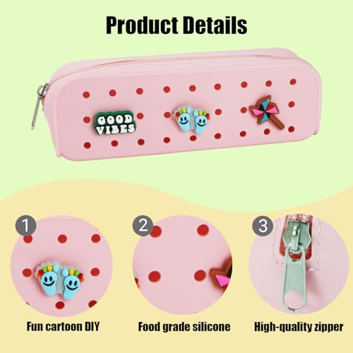 Cute Silicone Pen Case Pen Pouch with DIY Holes and 3 Decoratives(Random) Travel Makeup Brush Bag suitable for travel home7.81inch (Pale Pink,2 Packs) - color: Pale Pink,2 Packs