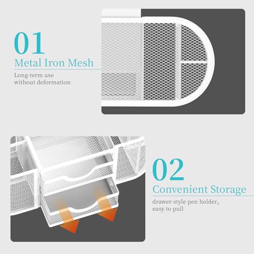 SUPEASY Mesh Desk Organizer, Pen Holder for Desk with 2 Drawers, White - color: Pearl White