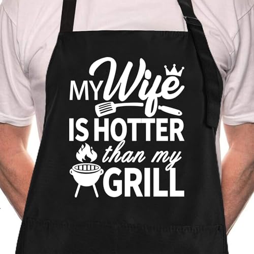 Rosoz Funny BBQ Black Chef Aprons for Men Adjustable Kitchen Cooking Aprons - color: My Wife is Hotter Than My Grill