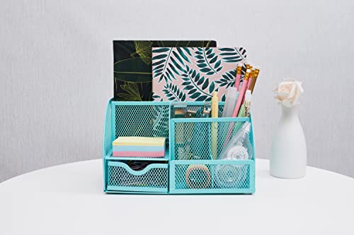 Annova Mesh Desk Organizer Office with 7 Compartments + Drawer/Desk Tidy Candy/Pen Holder/Multifunctional Organizer (Turquoise) - color: Turquoise