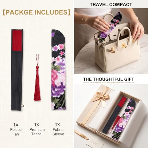 Japanese Folding Hand Fan for Women - Bamboo Silk Handheld Foldable Fan with Tassel & Pouch for Hot Flashes, Rave, Church, Gift,Wedding - Whisper-Quiet, Purse Size (Black-Red) - color: Black-red
