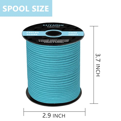Paracord 240lb - Diameter 2mm Micro Utility Cord -3 Strand Parachute Spool Cord - 100ft 200ft,Paracord for Camping,Hiking,Fishing,Outdoor and DIY - color: Cyan, size: 200 ft