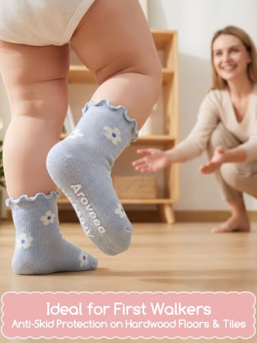 Aroveea Toddler Socks Non Slip Grip Baby Girls Kids Ankle Cute 12 Pack - color: Muted Ruffle, size: 6-12 Months