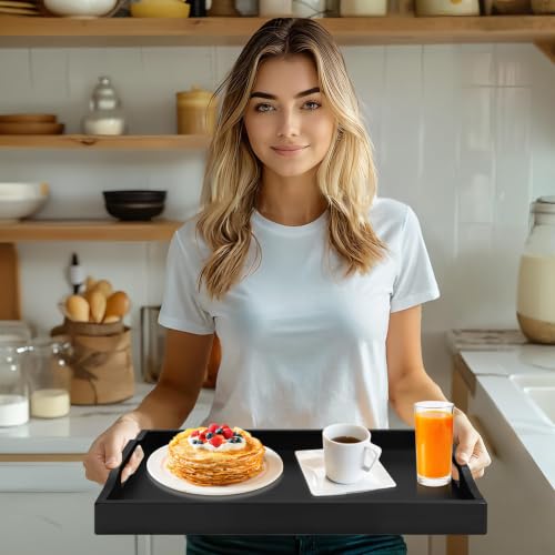 RRX Bamboo Food Serving Tray with Handles,Breakfast Bed Tray (Black) - color: Black