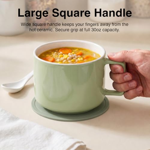 Ceramic Soup Bowls with Handles & Lids, Set of 2 with Spoons & Trivets, 30oz Large Soup Mugs, Oven Safe Bowls for Soup, Ramen, Oatmeal & Cereal, Microwave & Dishwasher Safe, Green - color: Green