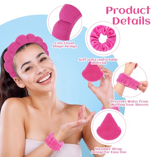 7Pcs Puffy Spa Set: Terry Cloth Headband, Wristbands, Scrunchies, Powder Puffs, and Sponges for Skincare, Face Washing, and Makeup Removal - Rose - color: Rose
