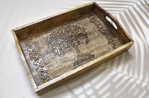 Wooden Serving Tray with Handles – 15 x 10 Inch Handcrafted Rectangular Tray for Snacks, Coffee, Tea, Dinner & Breakfast – Rustic Platter for Kitchen & Dining - color: Tree of Life - 15 X 10 Inch